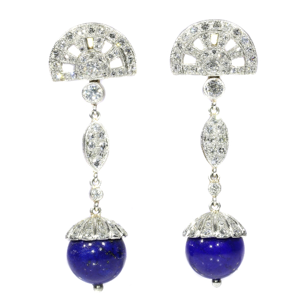 Fifties Art Deco style long pendant platinum diamond earrings with lapis lazuli